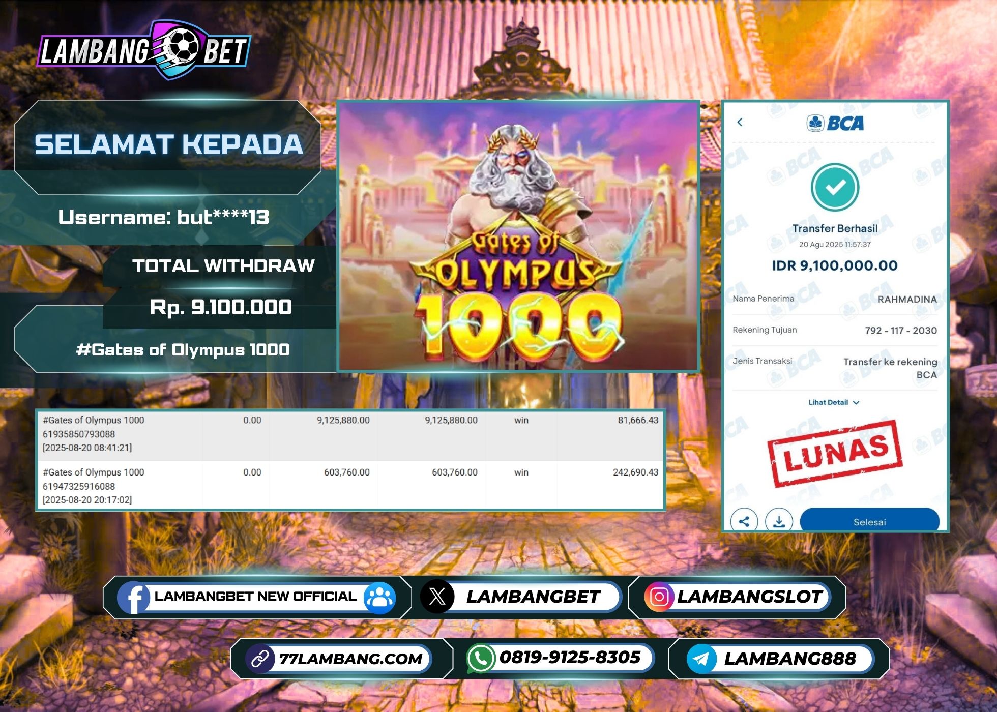 LAMBANGBET [20 AUGUST 2025] JACKPOT SLOT Gates of Olympus 1000 "Rp9.100.000" LUNAS